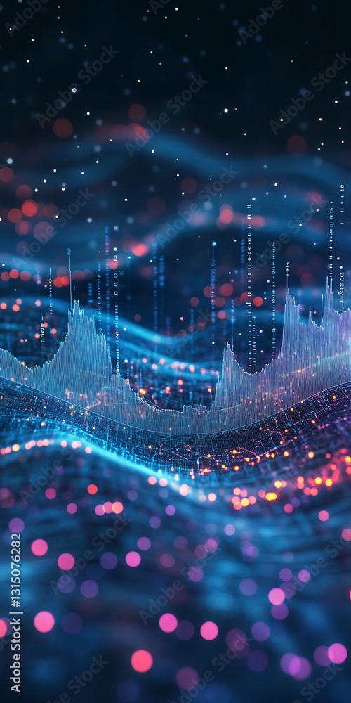Poster futuristic data visualization with glowing abstract patterns in technology scene