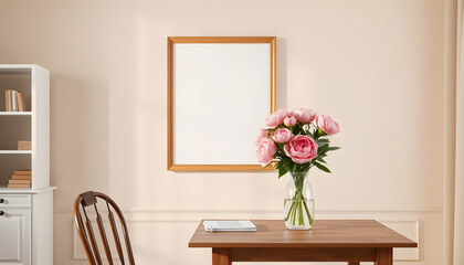 Living room, indoor still life. Empty picture frame mockup on beige wall. Wooden table and old chair. Glass vase with pink peonies bouquet. Elegant working space, home office concept. Interior desig
