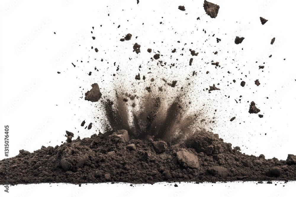 Poster a burst of dirt and debris exploding upwards from a pile against a stark white background in motion 