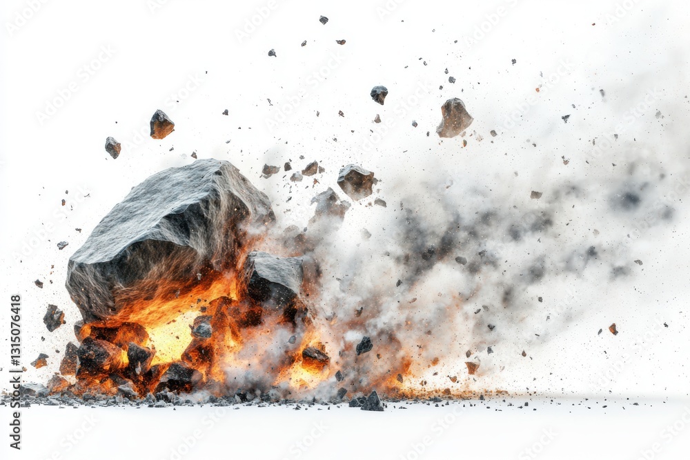 Poster a large rock exploding with fire and smoke against a bright white background in a dramatic display s