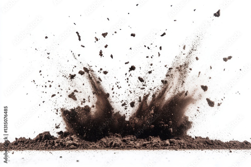 Poster a dynamic explosion of dark soil and debris against a stark white background creating a dramatic eff