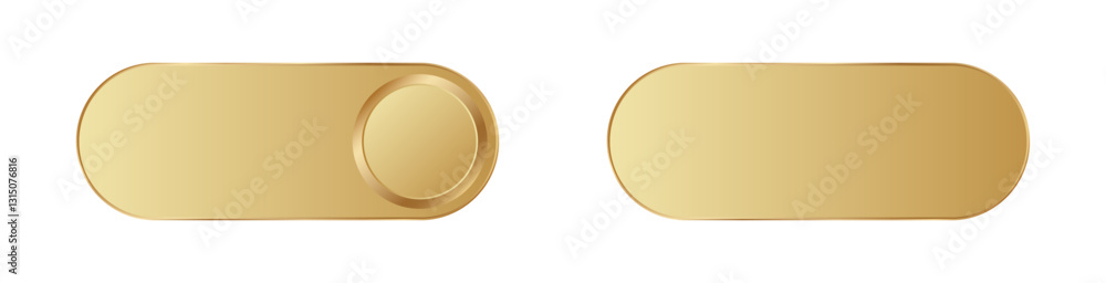 Poster two shiny golden toggle switches in on and off positions, perfect for digital interface designs.