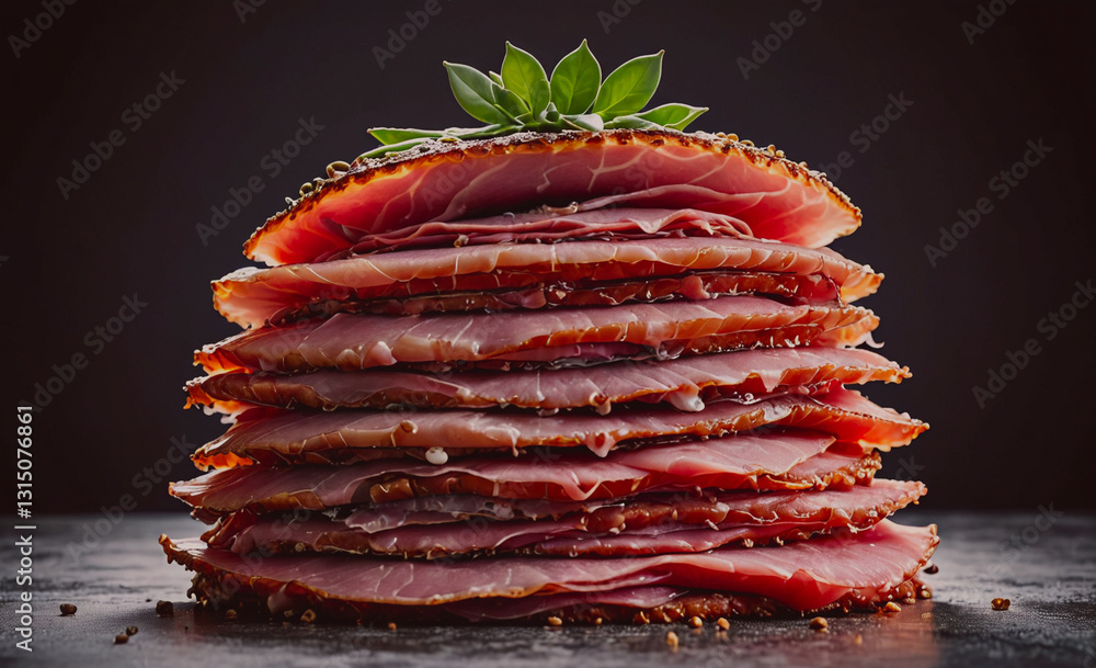 Aufkleber Stack of ham with a leaf on top. The ham is piled up high and the leaf is on top of it