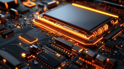 Glowing Orange Circuit Board Close Up