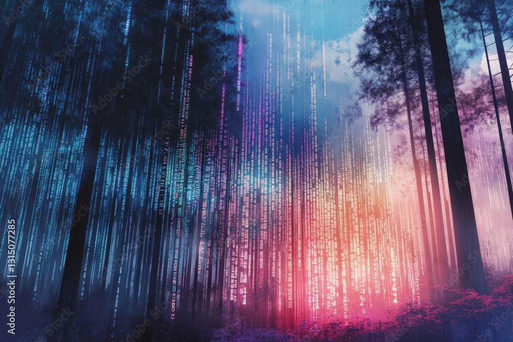 Poster a forest with trees that are lit up in a rainbow of colors. the colors are bright and vibrant, creat