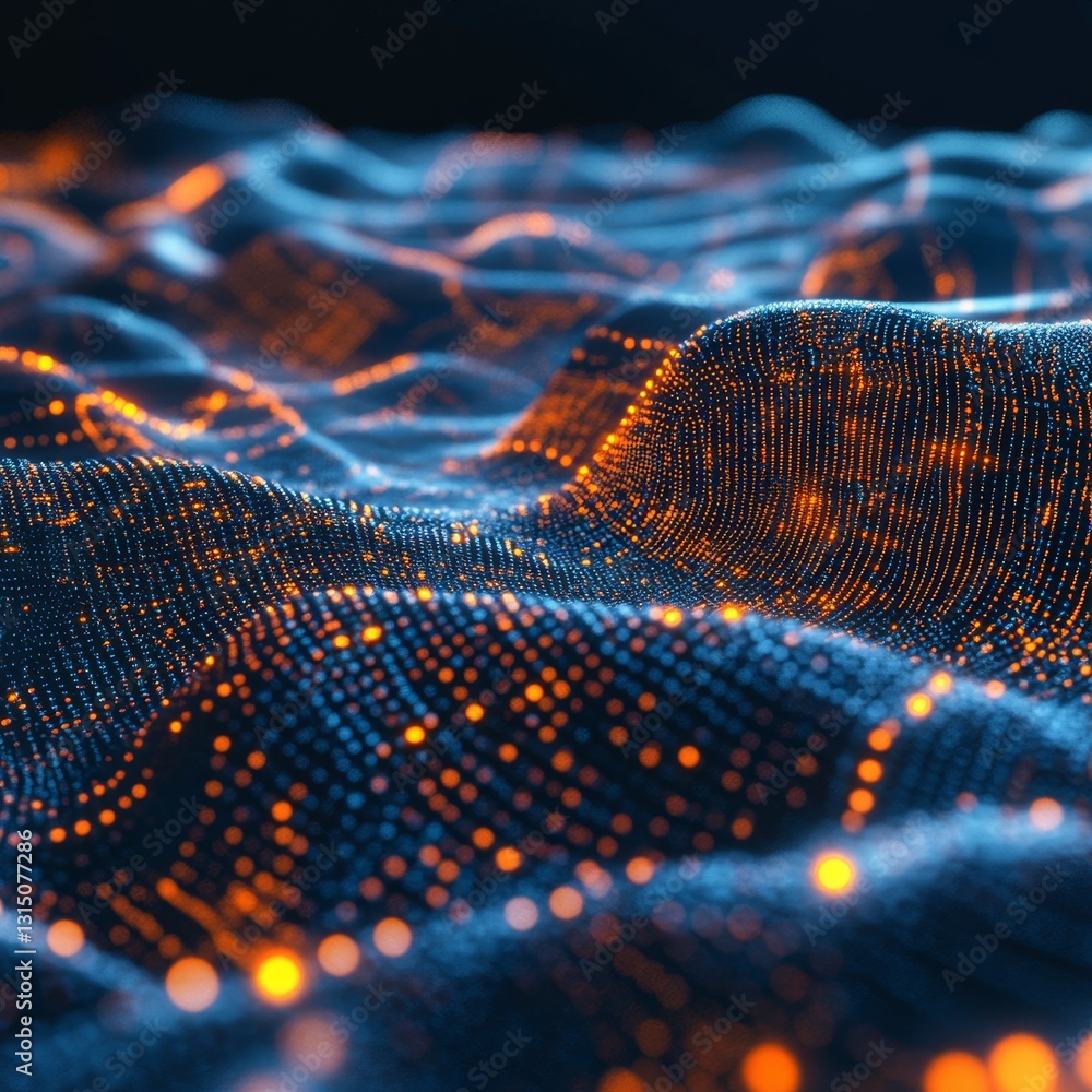 Aufkleber a blue and orange wave pattern with many dots. the image is abstract and has a futuristic feel to it