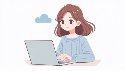 Woman using laptop, vector art, on white background