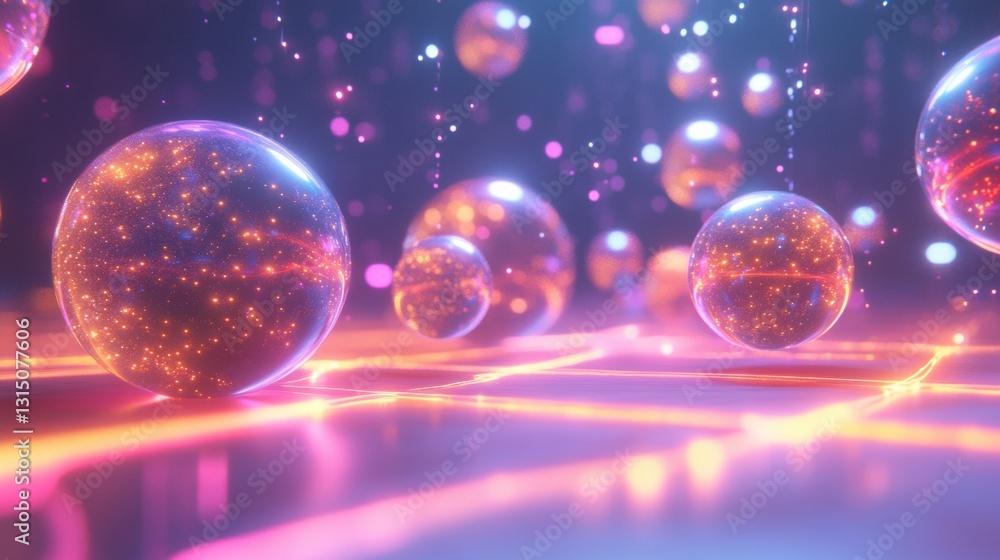 Aufkleber Exploration of interconnected virtual worlds represented by luminous spheres in a vibrant cosmic setting