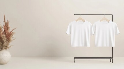 minimalist showcase of blank white t-shirts hanging on simple monochrome rack against soft-focus background adjacent