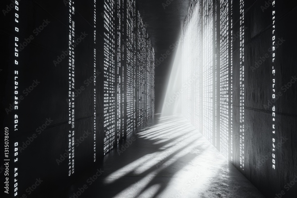 Poster a dark room with a long hallway with many rows of numbers. the numbers are in black and white and ar