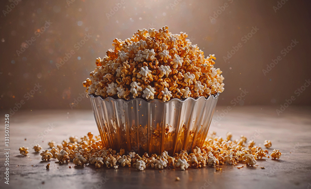 Poster Cup of popcorn is piled on top of itself. The popcorn is in different colors, including white and brown. The image has a playful and fun mood, as it is a creative way to display popcorn