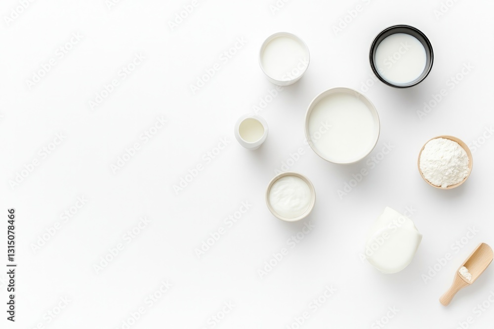 Poster minimalistic arrangement of assorted dairy products on pristine white background each item meticulou