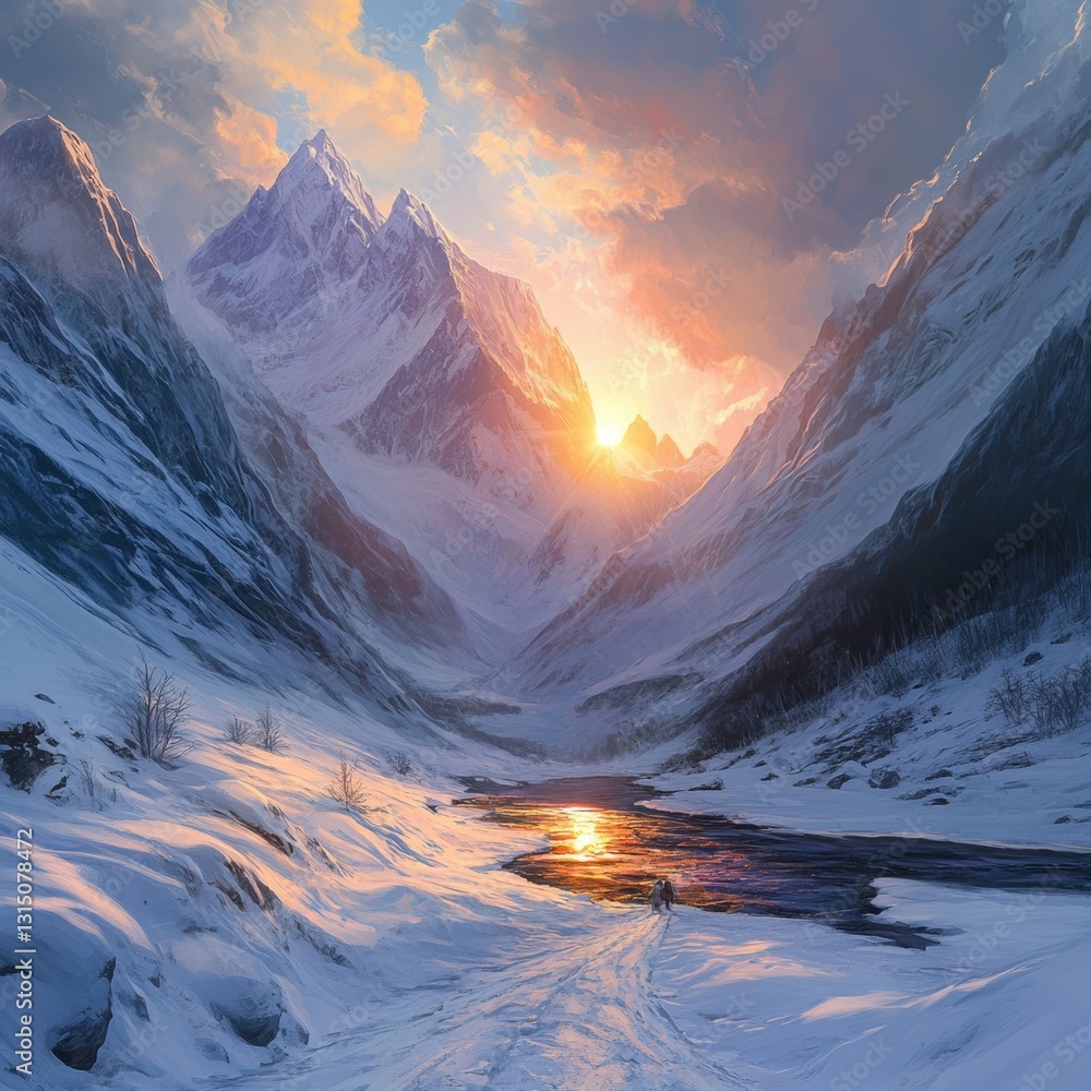 Poster a mountain range with a river running through it. the sun is setting behind the mountains, casting a