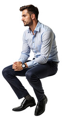 A sitting young man wearing a blue shirt and black pants, isolated over transparent background, PNG, cutout ready for architectural visualisation