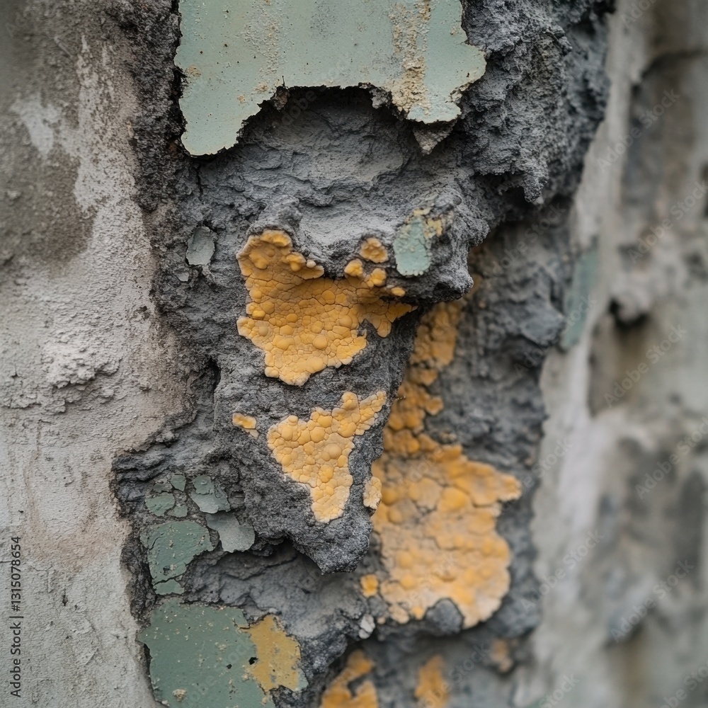 Aufkleber weathered concrete wall with crumbling plaster and yellow lichen creating a textured abstract patter