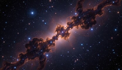 Fototapeta premium This striking digital artwork presents a dynamic and dramatic cosmic scene, showcasing a luminous, central nebula amidst a vast star field