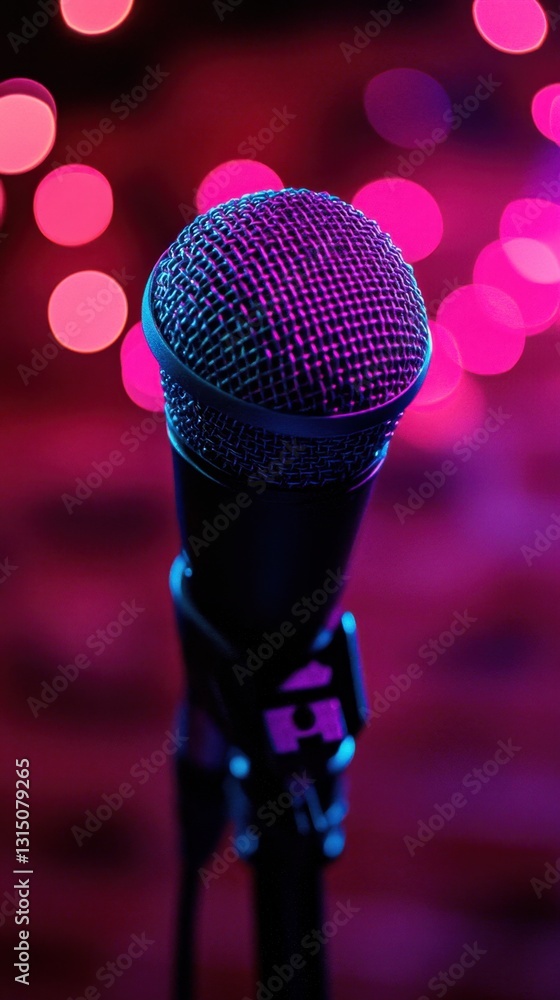 Poster microphone on stage with vibrant pink and purple lights creating a dynamic atmosphere and mood for p