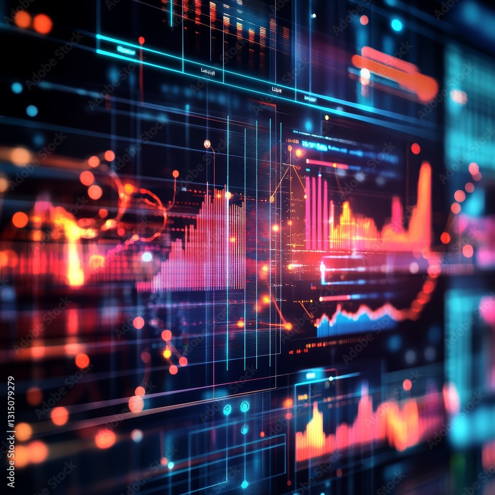 Poster colorful abstract digital data visualization with graphs and charts