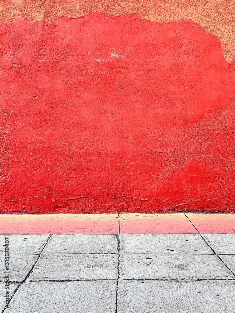 Poster vibrant red wall with weathered texture and gray sidewalk tiles creating a colorful urban background