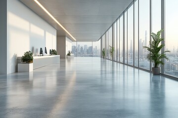 Fototapeta premium Modern office interior with city skyline view on a bright day, featuring long desks and potted plants