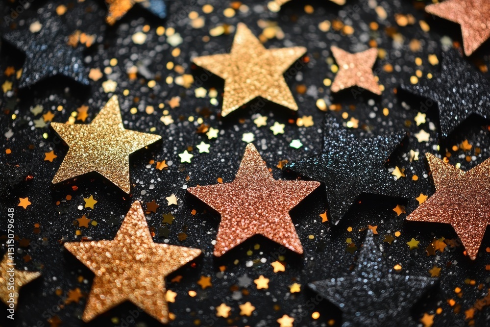 Poster a sparkling array of gold copper and black stars scattered across a dark surface with golden specks 