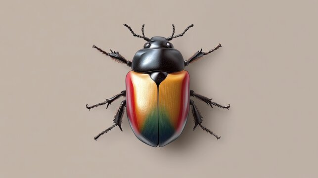 Detailed close-up of a vibrant iridescent beetle with black head and multicolored elytra, isolated on a neutral background.
