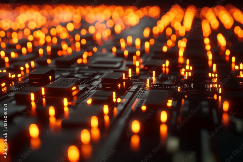 Poster stunning futuristic abstract image showcasing a network of glowing orange lights on a circuit board,