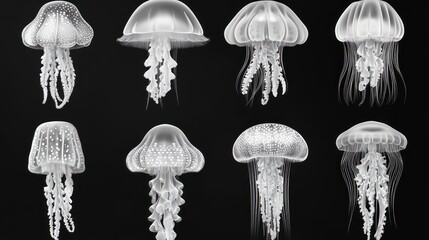 Diverse jellyfish species in grayscale, showcasing various shapes, sizes, and textures against a black background.