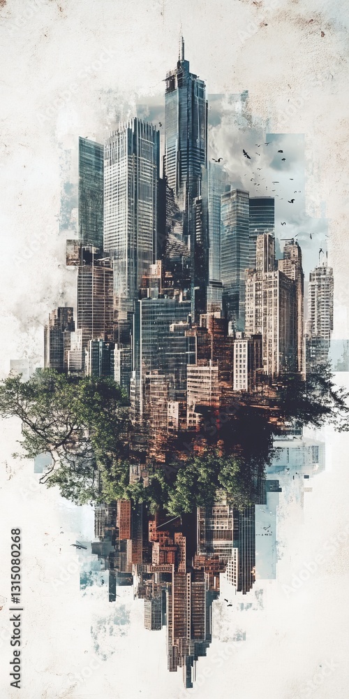 Poster a captivating blend of urban architecture and nature showcasing skyscrapers intertwined with lush tr