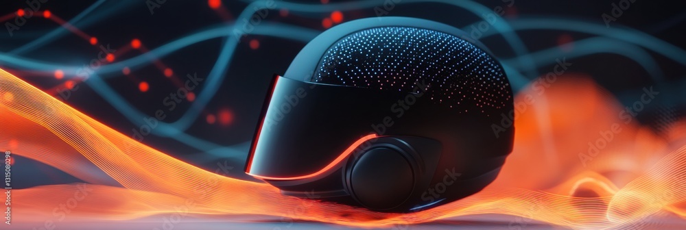 Poster innovative neurostimulation helmet designed for hair growth with gentle light emission in a dynamic 