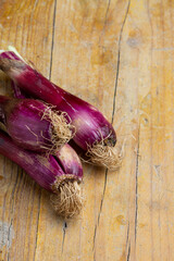 Top view of purple spring onions on wooden table, vertical with copy space