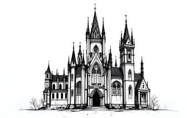 Naklejka premium Fantasy Castle Pencil Sketch, Black and White Drawing