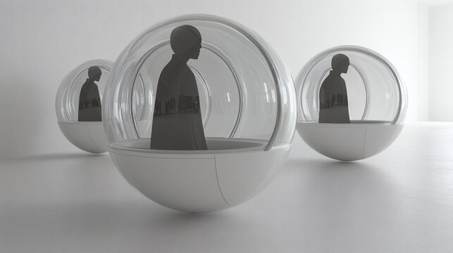 Three Silhouetted Figures In Spherical Translucent Pods