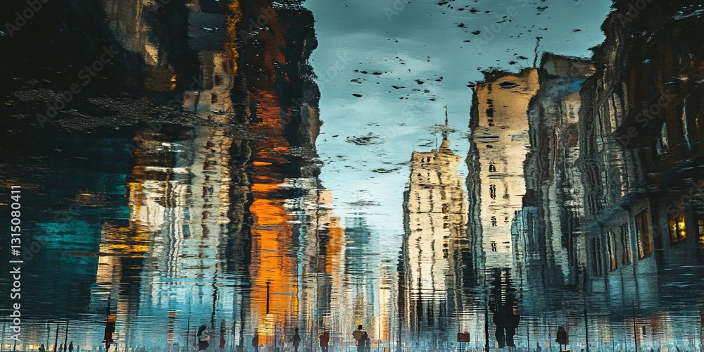 Poster captivating urban scene featuring buildings mirrored in calm water, creating a surreal effect with d