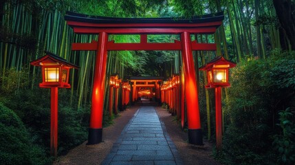 Lantern-lit torii gate surrounded by bamboo at twilight