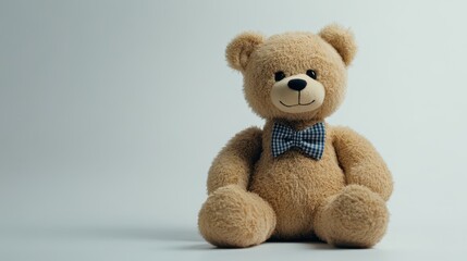 A plush teddy bear wearing a bow tie on a white isolated background