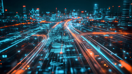 A futuristic AI projecting a holographic digital city with transparent structures, neon roads, and flying vehicles navigating the skyline.