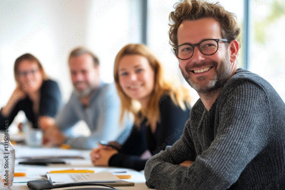 Aufkleber engaged team collaboration in a business meeting focuses on enhancing teamwork and fostering communi