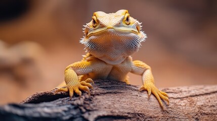 Obraz premium Young Bearded Dragon in Terrarium: Close-Up with Disdainful Gaze on Detailed Log