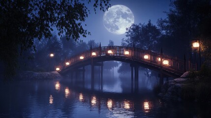 Naklejka premium Lantern-lit Wooden Bridge Crossing Calm River Under