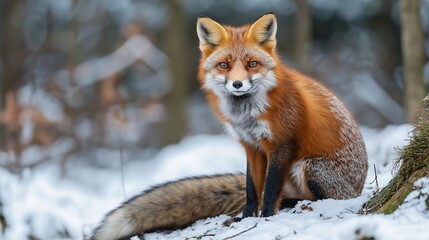 Fox perched on snowy ground in winter forest, looking at the camera.