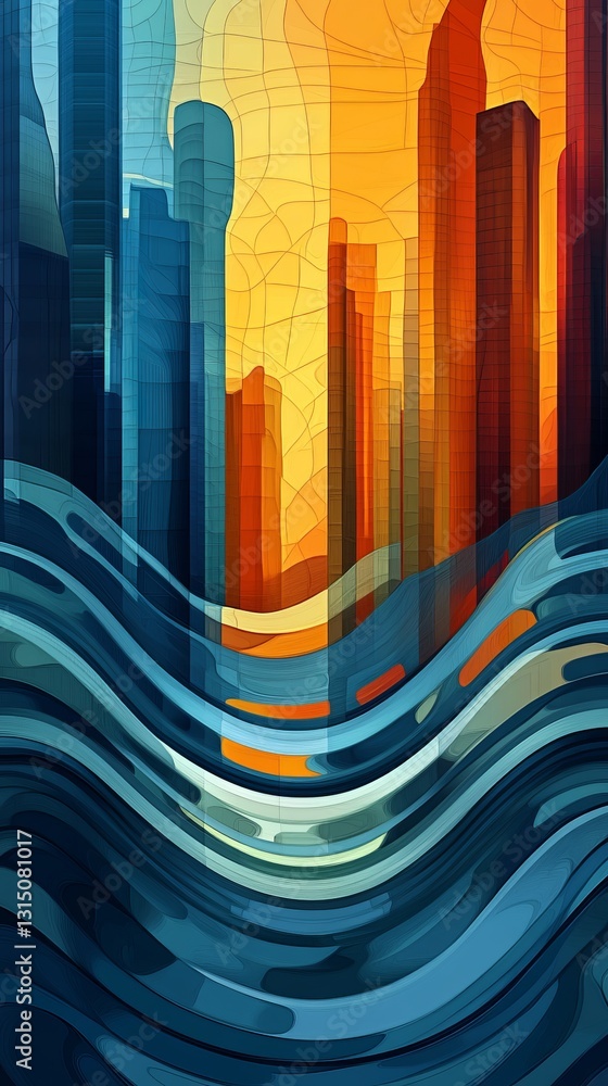 Poster abstract cityscape with colorful waves and geometric patterns