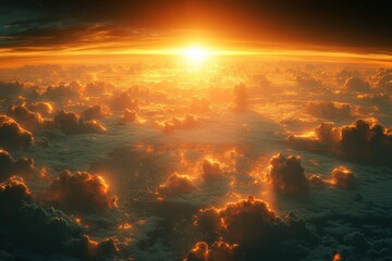 Fototapeta premium Breathtaking aerial view showcasing illuminated clouds at sunrise from high above