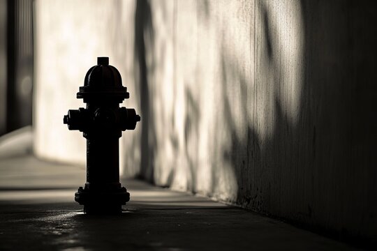 This image features a striking silhouette of a fire hydrant contrasted against a sunlit wall, capturing urban life simplicity and utility.