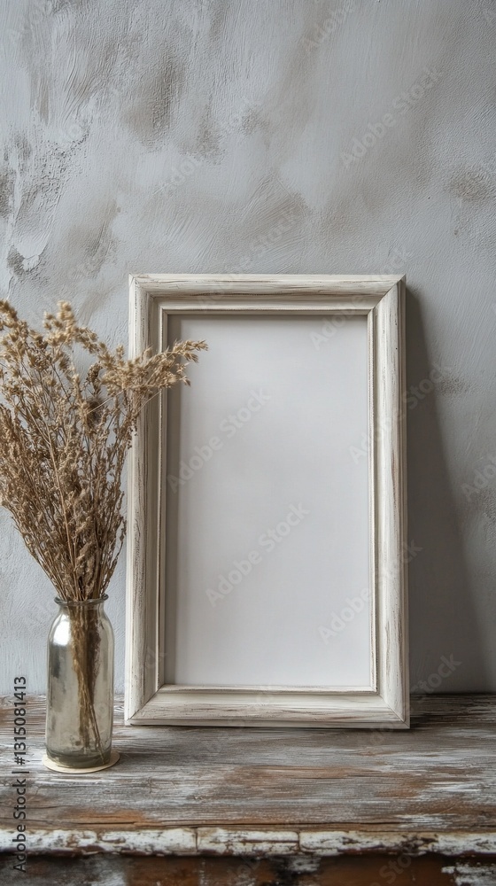 Poster Delicate dried flowers stand in a glass vase next to a blank frame resting on a weathered table, creating a serene and artistic atmosphere in a minimalist setting