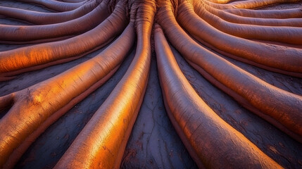 Sunset illuminates massive tree roots, desert landscape background; nature, botany, geology