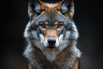 Fototapeta premium Close up portrait of a wolf looking at the camera on a plain dark background