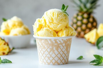 Refreshing Pineapple Dessert: Homemade Ice Cream Cup on a White Kitchen Table