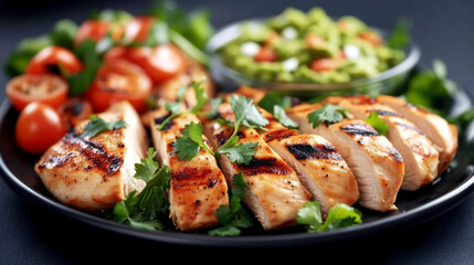 A vibrant plate of grilled chicken, fresh tomatoes, and guacamole showcasing a colorful and healthy meal idea.