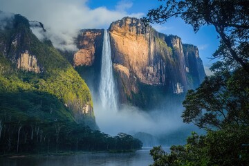Stunning Morning View of Angel Falls: A Gorgeous Waterfall in the Heart of Venezuela's Breathtaking Landscape